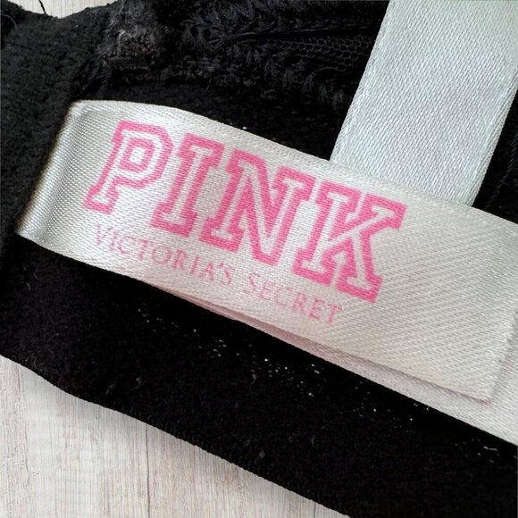 VICTORIAS SECRET PINK Black Stretch Velvet Silver Glitter Sparkle Bra Bralette M - Picture 2 of 5
